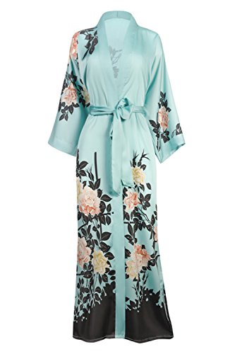 Old Shanghai Women's Kimono Robe Long - Watercolor Floral, Blush Rose- Mineral Blue