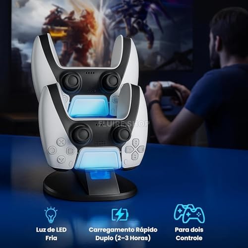 Base de Carregamento PS5 - Estação com Dock Duplo para Dois Controles com LED e Compatibilidade Total, Carregamento Rápido, Seguro e Proteção Contra Sobrecarga Suporte Ideal para Setup Gamer