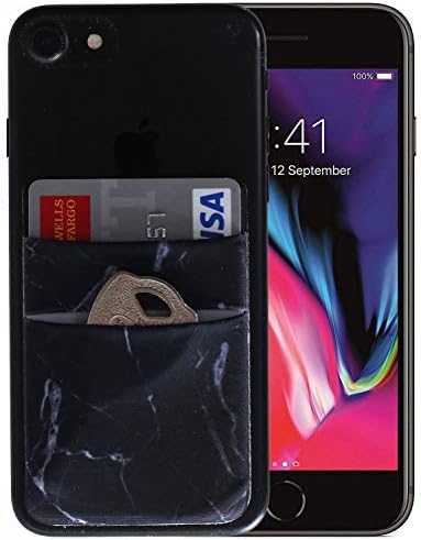Monca [Double Secure] Cell Phone Credit Card Holder Stick on Wallet Cash Metro Card ID Holder Lycra Spandex Card Sleeves [Lid & Pocket] (Marble Black)