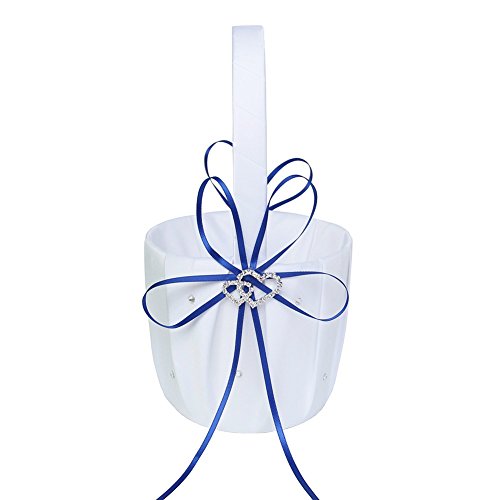 ARKSU 5pcs Wedding Sets Flower Girl Basket + Ring Bearer Pillow + Guest Book with Pen + Pen Set Holder + Bride Garter for Rustic Bridal Wedding Shower Ceremony Anniversary-Dark Blue