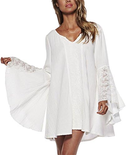 Women Vintage Hippie Boho Bell Sleeves Gypsy Festival Holiday Lace Mini Dress (Asian Size L, White)