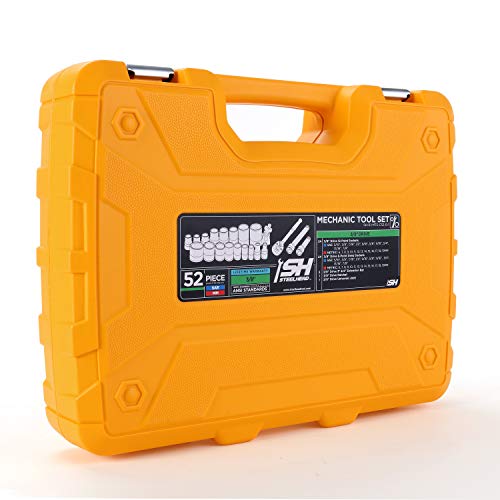 STEELHEAD 52-Piece Mechanics Tool & Socket Set (ANSI Grade), SAE & Metric, 3/8" 72-Tooth Quick-Release Ratchet, Standard & Deep 6 & 12 Pt. Sockets, Universal Joint & Extensions, Heavy-Duty Case