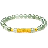 ZHOU LIU FU 24K Gold Bracelet Jade Charm Bracelets Lucky Natural Beaded Bangle Adjustable Stretch Chain Green Healing Crystal Hetian Beads Bamboo Cuff Leaf Flower Feng Shui Good Luck Jewelry Protection Gifts