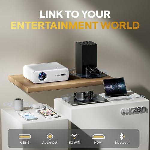 [Built in NetfIix App] Projector, Aurzen Eazze D1 4K Supported Smart Projector with HDR10, DoIby Audio, Auto Focus, WiFi Bluetooth Portable Projecteur for Outdoor, White