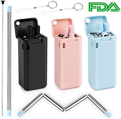 3 Pack Reusable Metal Straws - Reusable Drinking Straws Stainless Steel, Food-Grade Portable Straw with Case and Cleaning Brush for Outdoor, Party or Travel(Black/Pink/Blue)