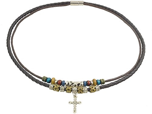 Boho Double-Layer Leather Cord Necklace with Cross Pendant and Beads – 15.5" Inner Cord, Metal Plug Clasp, Handmade Jewelry for Men and Women