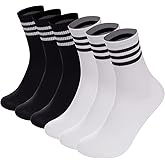 NANAGO 6 Pair Striped Retro Crew Socks for Men Women, Athletic Breathable Casual, Black and White, Lightweight for Spring and Summer