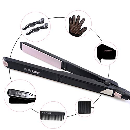 Hair Straightener by PureLife | 1 Inch Professional Tourmaline, Ceramic & Titanium Flat Iron | 8 Pc Set: Hair Brush, Heat Resistant Glove, Silicone Mat, 2 Hair Clips, Tail Salon Comb & Travel Pouch