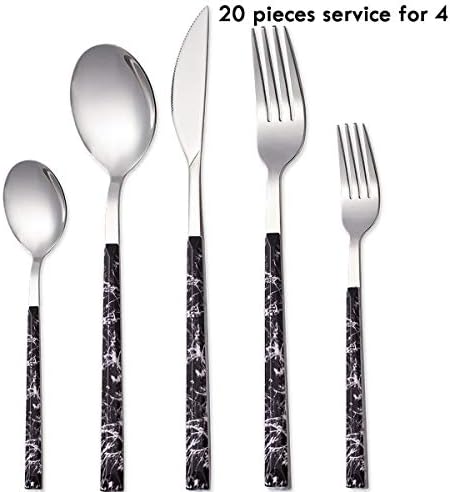 20-Piece Cutlery Set Stainless Steel Flatware Set with Imitation Marbling Handle Including Knife/Fork/Spoon Service for 4(Black)