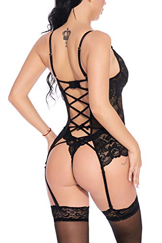 Evelife-Body-Pizzo-Donna-Babydoll-Lingerie-Sexy-Scollo-V-Senza-Ferretto-Completi-Intimi-Hot-Donna-Giarrettiera-Biancheria-con-Perizoma