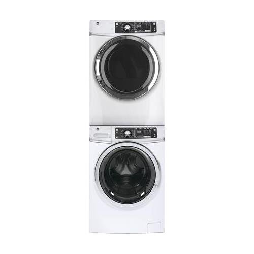 White Front Load Laundry Pair with GFW480SSKWW 28 Washer GFD48ESSKWW Electric Dryer and GEFLSTACK Stacking Kit