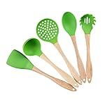 Color You BPA Free Nonstick Silicone Utensils Cooking Set with Wood Handle Includes 5 Pieces Heat Resistant Cookware Gadgets - Turner Pasta Server Soup Ladle Spoon Drainer Cooks Essentials Tools