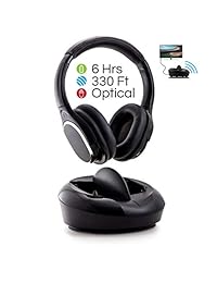 Auriculares inalámbricos de TV con base de carga   Auriculares de TV RF para colocar sobre las orejas   Transmisor de 2.4GHz + 330 pies. Rango máximo de señal   Peso ligero y relleno adicional para una comodidad superior   Fácil configuración   Duración d