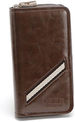 Hera jewy Men's Retro Double Zipper Passcase Wallet - Oil Wax Leather,Brown