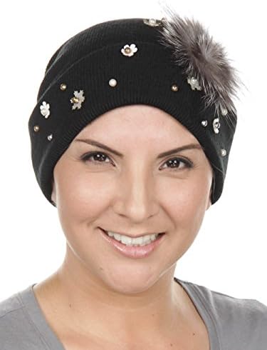 Fur Pom Pom Flower Gold Snowflake Knitted Roll Up Winter Chemo Hat Cancer Beanie Cap Black