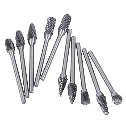 10pcs 1/8" Double Cut Tungsten Carbide Rotary Files Diamond Burrs Set + 1pcs Quick Change Keyless Chuck, Fits Dremel Rotary Tool for Grinder Drill, DIY Wooden Carving, Metal Polishing, Engraving