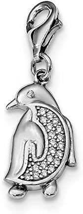 Sterling Silver Polished Finish Simulated CZ Penguin With Lobster Clasp Charm (28 mm x 10 mm)