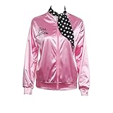 COSFLY Ladies 50S Grease T Bird Danny Pink Satin Jacket Halloween Cosplay Costume with Neck Scarf (X-Large)