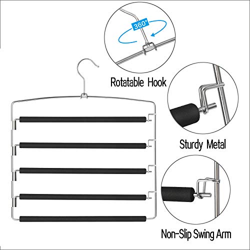 Meetu Pants Hangers 5 Layers Stainless Steel NonSlip Foam Padded Swing