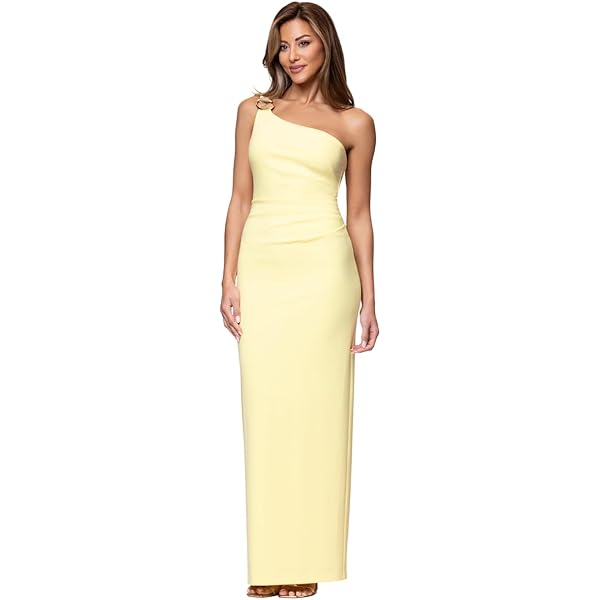 xscape one shoulder scuba dress She's back by popular demand Flo Long Techno Scuba One Shoulder  Ruffle Dress