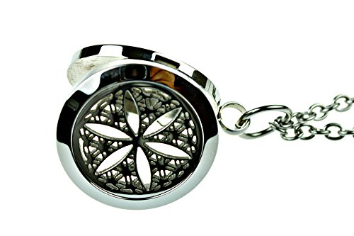 Flower of Life Essential Oil Diffuser Necklace Stainless Steel Locket Pendant with 24" Chain, oil, and pads in Gift Box
