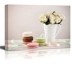 Still Life French Macaroons on The Table Decorated with Ribbons and Roses - Canvas Art Wall Art - 12" x 18"