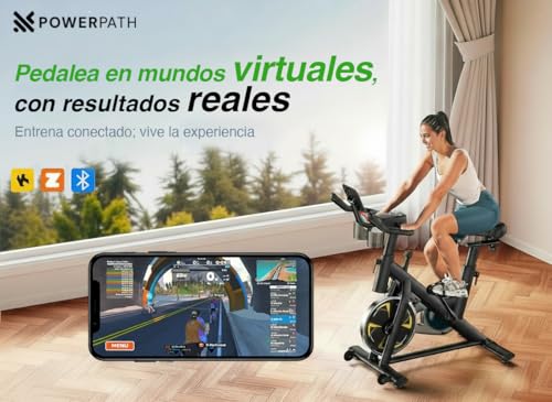 PowerPath - Bicicleta Fija Spinning Bluetooth Magnética Silenciosa Soporta 150 kg Monitor Electrónico Color Negro Ajustable Ideal para Entrenamiento Cardio con Apps en el Hogar