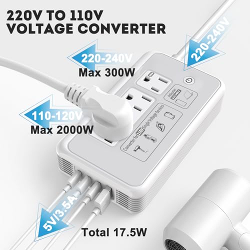 Mapambo 2000W 220V to 110V Converter for Hair Dryer, Voltage Converter US to Europe, Converter for European Travel with 2 USB-C 2 USB-A, Universal Travel Adapter with Type C/G/I/L (Gray)
