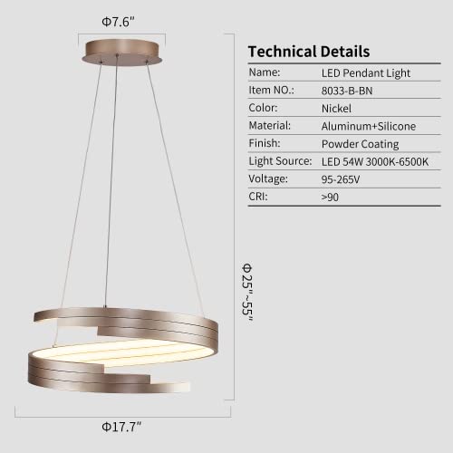 LYQIMM Dimmable Modern LED Pendant Light Fixture with Remote Control, 3 Colors 3000K6500K