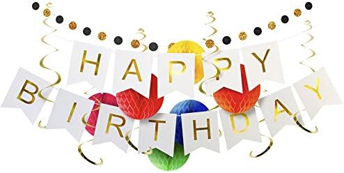 Voplop Decoration Set of 14 pcs - Happy Birthday Banner - Paper Honeycombs - Glitter Hanging Swirls - Paper Circle Garland - Easy to put together - Satisfaction Guarantee