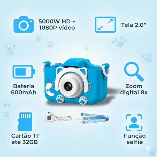Câmera Digital Infantil Gatinho Recarregável, Azul | Bateria USB, Gravação de Fotos e Vídeos HD, Design Seguro e Resistente, Antichoque, Presente Educativo e Divertido