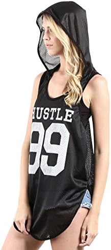 DREAM SUPPLY Women's Racerback Hood Mesh Tank Top with HUSTLE 99 (Large, Black_FBMerchant)