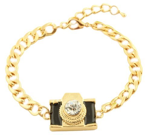 2 Pieces of Goldtone with Black & Clear Iced Out Camera Adjustable Link Bracelet