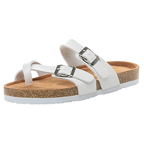 Kauneus  Women's Toe Ring Cork Sandal/Classic Ladies Sandal/Flat Footed Dual Adjustable Buckle/Breathable Open Toe Slide White - Thumbnail 6