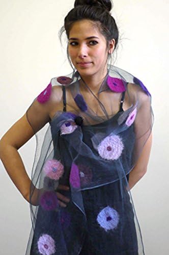 "Clemantis Nuno Shawl" handwoven pure silk organza shawl with hand-felted merino wool design 15" x 85"