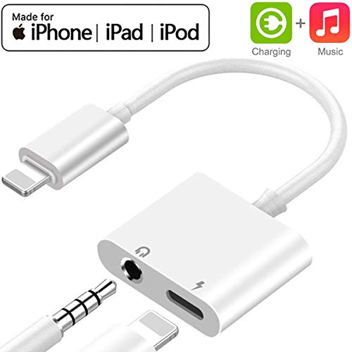 Headphone Jack Adapter Dongle for iPhone 8/X/XS MAX/XR/8Plus/7/7 Plus Plus Adapter to 3.5mm Jack Converter Car Charge Accessories Cable & Audio Connector 2 in 1 Earphone Splitter Adaptor—white（Newest）