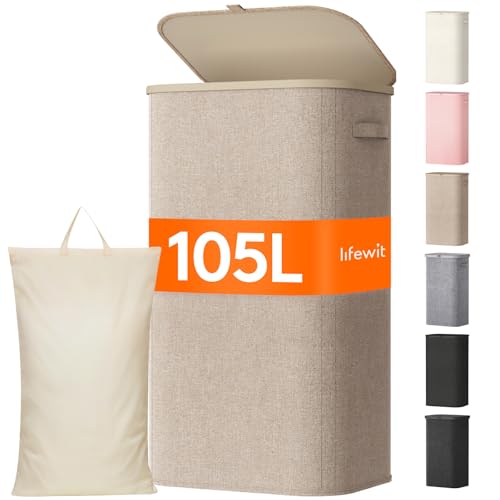 Cesto Ropa Sucia, Cesta Ropa Plegable con Bolsa Extraíble y Asa, Cubo Ropa Sucia con Tapa, Laundry Basket para Dormitorio, Baño, Lavandería, Dormitorio, 105 L, Beige