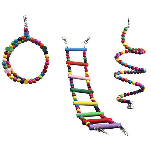 QBLEEV Bird Toys Cage Playset, Hanging Climbing Chewing Wooden Parrots Toys, Colorful Ladder Swing Perch Stand, Bungee Beads Toys for Cockatiel Conures Parakeet Small Macaw African Grey