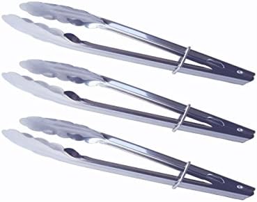 Chef Tour Set of 3 Stainless Steel Clam Shell Food Service Tongs with Sliding Rings. Quality Construction, Dishwasher Safe *Great Quality*