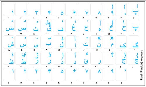 FARSI (PERSIAN) KEYBOARD STICKER WITH BLUE LETTERING TRANSPARENT BACKGROUND