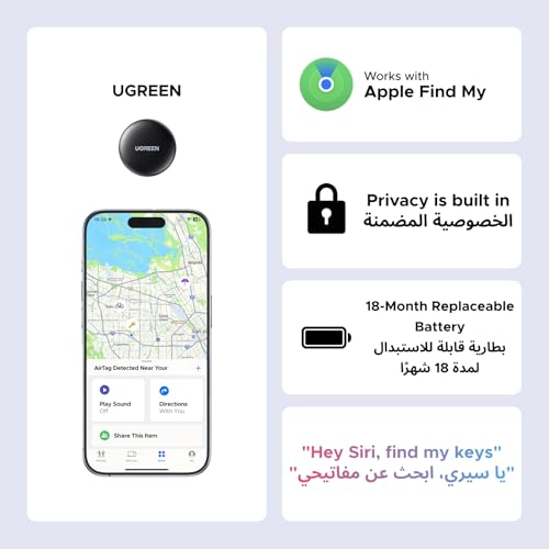 UGREEN 2PCS FineTrack Smart Finder, Apple Find My (iOS only) Smart Tag Replaceable Battery Tracker Locator Luggage Tag Bluetooth Item Finder for Wallet, Suitcase, Car, Keys, Passports