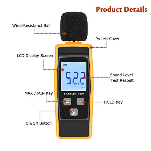 Hand-Held Sound Level Meter,V-Resourcing 30~130 dB Decibel Noise Measurement Tester with Backlight Digital LCD Display for Indoor/Outdoor Uses [Max/Min/Hold Function] - Thumbnail 7