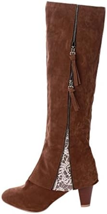 Ifantasy Knee High Boots for Women Wide Calf Suede Chunky Heel Round Toe Zip Riding Boots, Brown, 8 B(M) US