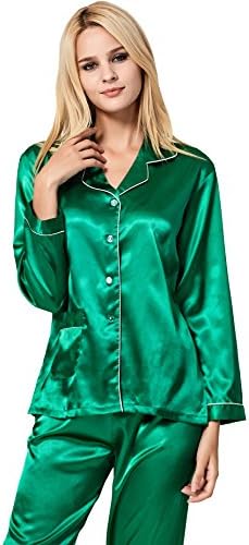 VlSl Womens Silk Satin Pajamas Set Sleepwear Loungewear Two-Piece Long Sleeve Pajama Set (Large, Green)