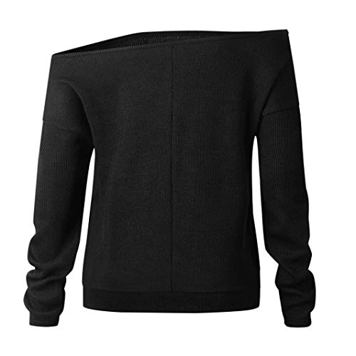 FEITONG Women Knitted Long Sleeve Off Shoulder T-shirt Tops Sweater Blouse(L,Black) - Thumbnail 4