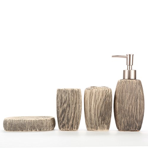MyGift 4 Piece Brown Ceramic Bathroom Accessories Set w/Soap Dispenser