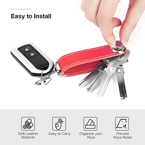Bosiwee Smart Key Organizer, Compact Key Holder Leather Keychain, Folding Pocket Key Holder Chain (up to 16 Keys), Red