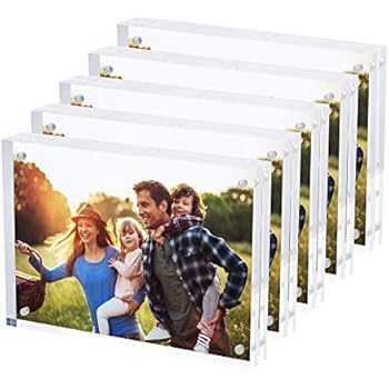 SimbaLux Magnetic Acrylic Picture Photo Frame 5x7 inches 24mm Thick (5 Pack), Clear Glass Like, Double Sided Frameless Desktop Floating Display, Free Standing, Easy to Change, 20% Thicker Than Most
