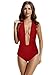 zeraca Women's Retro Deep Plunge Backless High Waisted One Piece Swimsuit Bathing Suit (S6, Dark Red)
