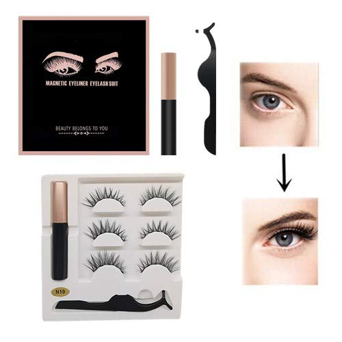 Magnetic Eyeliner and Lashes Magnetic Eyelashes Kit,5D Fake Long Eyelashes No Glue,Women girl Makeup Lash Enhancers & Primers,False Lashes 3 pairs with Tweezers (N10)